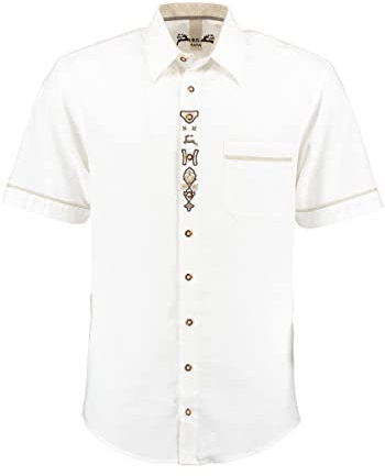 OS Trachten Herren Hemd Kurzarm Trachtenhemd mit Liegekragen Lavona, Größe:41/42, Farbe:weiß