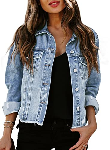 Sidefeel Women's Jean Jacket Oversized Denim Jacket Distressed Ripped Shackets Coat 2025 Spring Outfits Small Sky Blue