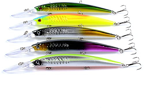 5Pcs Artificial Suspending Minnow Lures Pack, as Bionic Hard Crankbaits Jerkbaits for Bass Redfish Trout Walleye Salmon Trout in Freshwater Saltwater 11