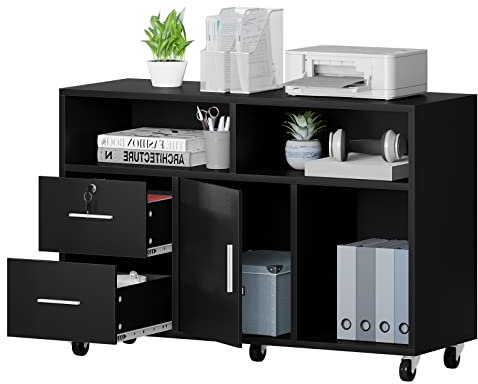 YITAHOME Rollcontainer aus Holz, Mobiler Aktenschrank, seitlicher Aufbewahrungsschrank für Schreibwaren, Moderner Stil, für Dokumente, Drucker (schwarz, 96.6x34x66cm)