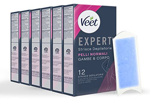 Veet Expert, Strisce Depilatorie Corpo e braccia Pelli Normali 72 Strisce, 6 confezioni