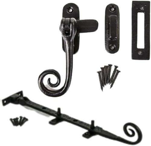 10-Inch Antique Cast Iron Monkey Curly Tail Window Stay Casement Fastener & Window Stays Combo Set Vintage Monkey Tail Window Catch Curly End Casement Fastener Combo Pack.