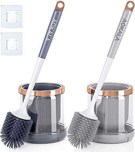 Aokala Elegante juego de escobilla de inodoro de silicona, 2 unidades de cepillo de inodoro y soporte con pinzas de mango largo, cepillo limpiador de inodoro para limpieza profunda de baño, accesorios