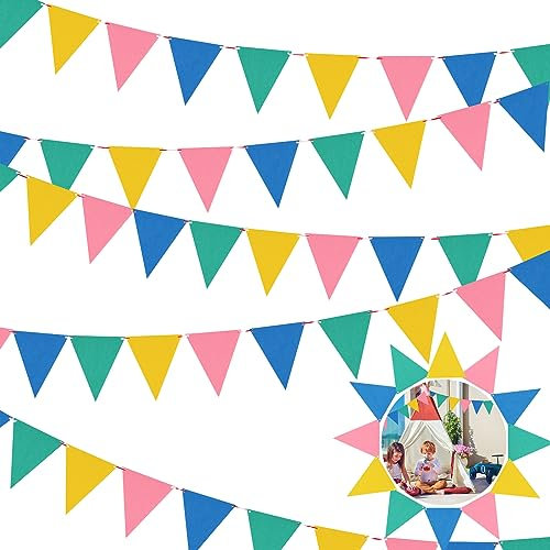 Powmag Fahnengirlande Aussen Bunt 12m 5 Stück Wimpelkette mit 60 bunten bunten Bannern Stoff für Kinderzimmer, Hochzeit, Geburtstag, Partydekoration
