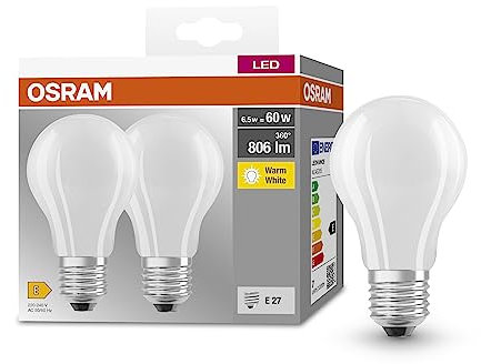 OSRAM Lampada LED BASE CLASSIC A GLFR 60 con attacco E27, goccia, confezione doppia, 6.5W, 806lm, 2700K, luce bianca calda, bassa emissione di calore, lunga durata, basso consumo energetico