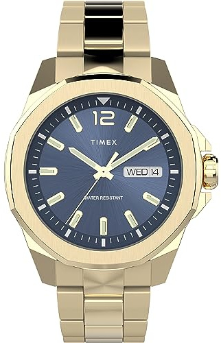 Timex Trend Herren-Armbanduhr, 46 mm, goldfarbenes Edelstahlarmband, blaues Zifferblatt, goldfarbenes Gehäuse TW2W13800