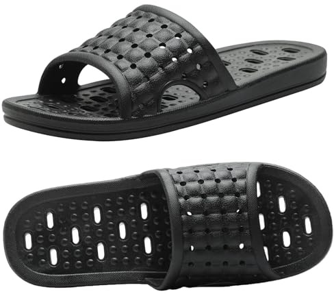 Badtofflor med dräneringshål, snabbtorkande halkfria tofflor sovsal hem badrumstofflor unisex, Svart, 7.5-8 US Women/6.5-7 US Men