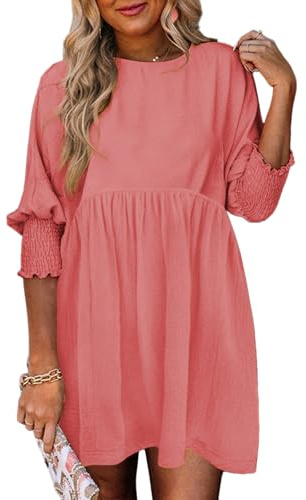 Dokotoo Womens Fall Dresses 2025 Fashion Empire Waist Cute Babydoll Tunic Dress Casual Short Sleeve A Line Flowy Shirt Dress Church Outfits Plus Size Pink Dresses XL