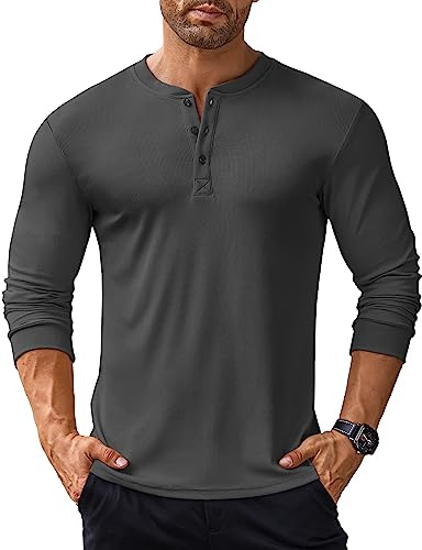 COOFANDY Hombres Básico Camisetas de Manga Larga Henley Camisetas Casual Camiseta con Botones Camisa Lisa Ligero Camisetas Camisa de Fondo Gris Oscuro L