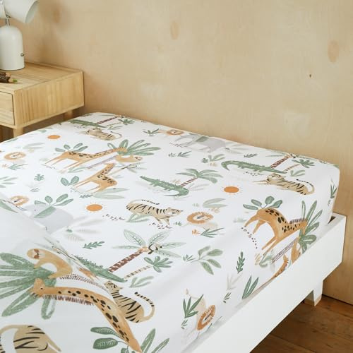 Happy Linen Company Girls Boys Kids Jungle Safari Animals Ivory Single Fitted Sheet Bedsheet Bedding Bed Linen