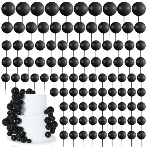 BOUBONI 138 Pcs Black Balls Cake Topper Decorations Balloon Cupcake Toppers Foam Cake Topper Balls Decorations for Halloween Birthday Party Wedding Anniversary