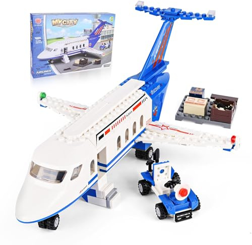Blumacht Set di Costruzione Aereo Passeggeri Con Carrello per Bagagli, Giocattolo Con Blocchi da Costruzione, Regali Modello per Bambini e Bambine dai 6 ai 10 Anni