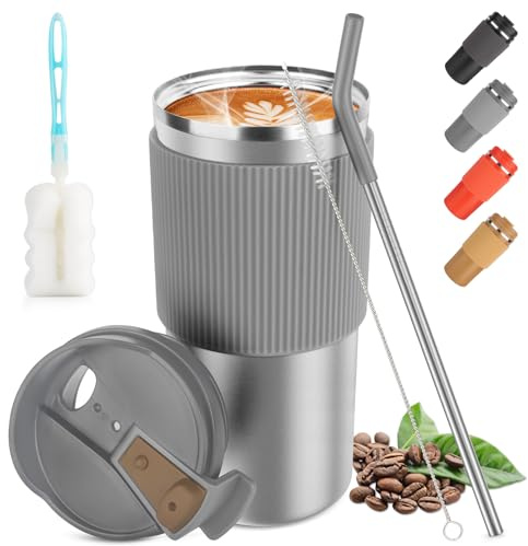 CS COSDDI termosmugg – isoleringsmugg, kaffemugg to Go 450 ml/15 oz läckagesäker resemugg med lock kaffemugg med lock café to go mugg för te kaffe varmt kallt vatten (silvergrå)