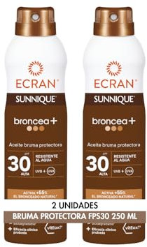 Ecran Sunnique - Bruma Aceite Protector FPS 30, Protección UVB + UVA e IR-A, Resistente al Agua, Con Tecnología Pure Bronze y VitEox 80, Activa el Bronceado Natural, Sin Autobronceador - 2 x 250 ml