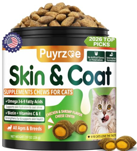 Puyrzoe 500 Cat Skin and Coat Support Chews - Crunchy & Creamy Cheese Core with Omega 3/6/9, Vitamins C & E, Biotin for Skin Care & Coat Shine Supplement for Cats Kittens - Chicken & Shrimp Flavor