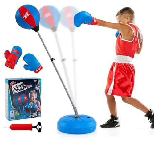 RELAX4LIFE Punching Ball con Guantini per Adulti e Bambini, Sacco da Boxe con Altezza Regolabile 120-154 cm, Palla di Pugilato da Terra con Base Stabile