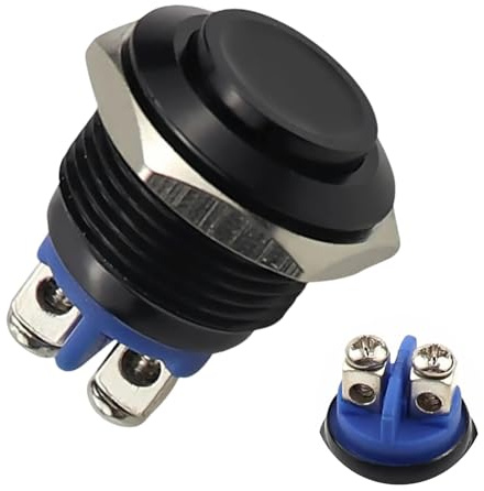 leruiyezs Bouton Poussoir 12V Momentané Étanche Métal Noir 16mm,1 A,Interrupteur Poussoir IP20 Antirouille Avec Raccord à Vis,Pour Voiture Moto Bateau Bricolage Électronique,Interrupteur 12V Étanche