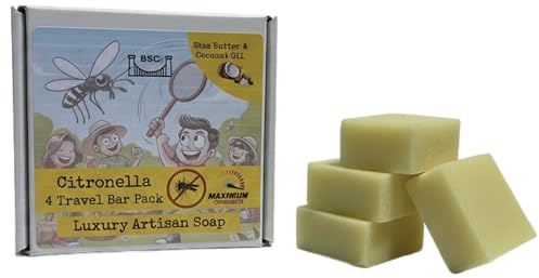 Bristol Soap Company Artisan Soap, 4 Guest/Travel Size Bar Pack, Citronella Essential Oil, Anti-Mosquito. With Shea Butter & Coconut Oil, Vegan