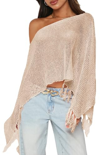 RPYHF Womens Summer One Shoulder Knit Sheer Poncho Trendy Lightweight Boat Neck Fringe Pullover Sweaters Apricot