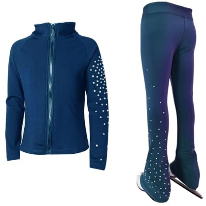 LIUHUO Ice Figure Skating Training Pants Jackets Girls Womens Fleece Shiny Colored Diamond Girl Comfortable Warm Tracksuit Navy