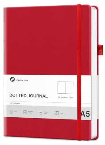Lonely Ek kulprickig journal anteckningsbok för att skriva, A5 inbunden anteckningsbok för kvinnor och män, resedagbok 120 gsm syrafritt papper med inbunden läder (röd)