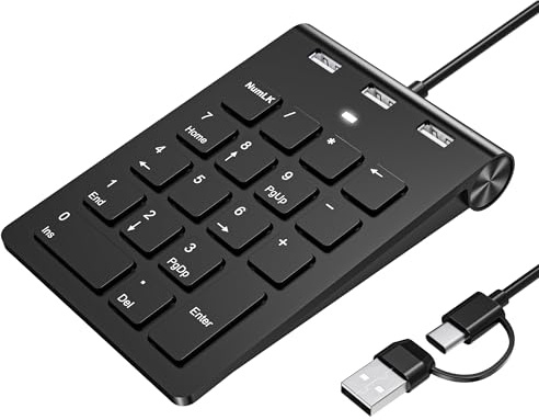 Suejezt Mini Tastierino Numerico USB, U-SB A/USB C Tastiera Numerica Ergonomico Portatile Numpad con 3 U-SB 2.0 Porte, 18 Tasti Office Calcolo per Macbook, Laptop, Notebook, Desktop, Computer, PC