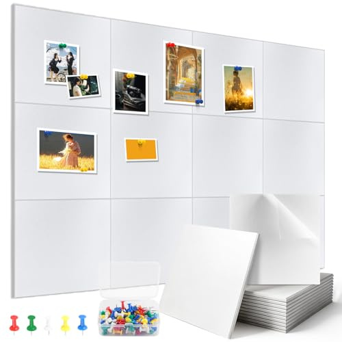 Tableau d'affichage Autocollant en Feutre 30 x 30cm 12 Panneau Mural Decoratif Feutrine avec 60 Punaises pour École Maison Cuisine Bureau (Carré Blanc)