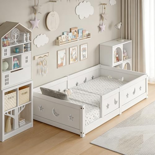 KRYZOR Cama infantil Cama en el suelo 90x200 cm, Montessori Cama con barreras para niños con Protección contra Caídas y somier de lamas, cama de madera para niños, Blanco (Blanco/a)