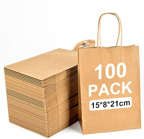 100 sacchetti di carta regalo, colore marrone, 15 x 8 x 21 cm, perfetti per affari, matrimoni, imballaggi, feste, compleanni, Natale, merchandise