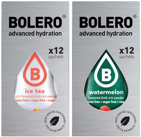 SET 24 BOLERO bustine da 3 grammi 12 Ice Tea Peach Pesca + 12 Watermelon Anguria Preparato istantaneo per Bevande con Stevia e Vitamina C e Senza Zucchero