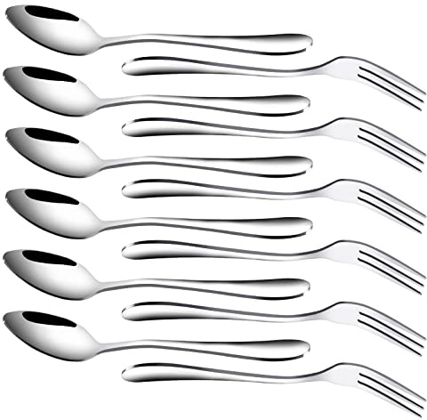 RETON 12 Pcs Dessert Forks and Spoons Silverware Set, Stainless Steel Mini Forks and Spoons, Small Appetizer Cocktail Fruit Forks, Mini Coffee Spoons Teaspoon for Kitchen Party (6 Forks+6 Spoons)