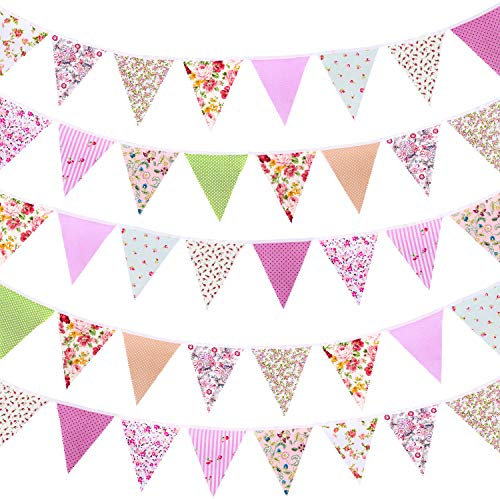 Whaline 40ft Fabric Bunting Banner Floral Vintage Reusable Cotton Triangle Flag Garland Decoration with 42pcs for Garden Wedding Baby Shower Birthday Parties