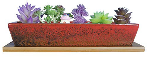 ARTKETTY Vasi per piante grasse in ceramica, contenitori per piante da fiori rettangolari lunghi con vassoi, fioriera per bonsai di cactus poco profonda con drenaggio