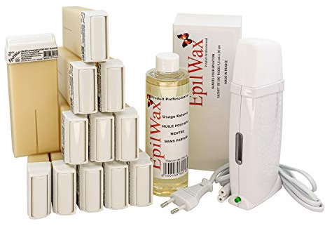 EpilWax Royal Complete Epilation Kit mit: Professioneller Wachswärmer 12 Roll-On Wachs 100 ml Weiß, 100 Epilierstreifen, 1 Flasche mit 250 ml Öl nach der Epilation (Royal Weiße Serie 12)