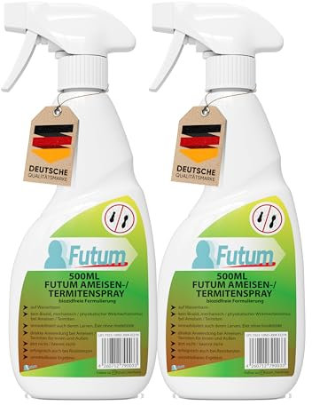 Futum 2x500ml Anti Ameisen Spray Hochwirksam gegen Ameisen, Larven und Eier, für Innen- & Aussenbereich, Wasserbasis, geruchsarm, fleckenfrei