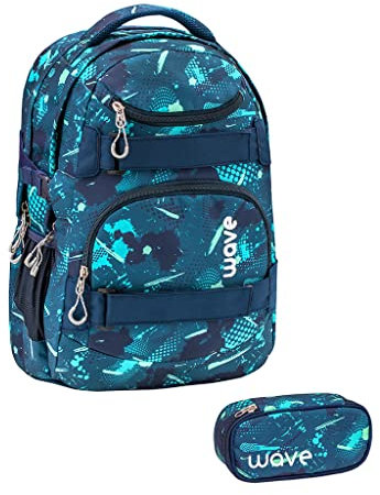 Wave Infinity Blau Grün Schulrucksack Set 2 - teilig mit Laptopfach Tabletfach / 43 x 31 x 22 cm / 30 Liter/Unisex Jungen Mädchen/Rucksack Daypack (338-72/A Set1 Fantasy)