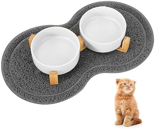 Ciotole Gatti Rialzate, 2 pezzi 400ML Ciotole per Cani Rialzate in Ceramica, Ciotole per Gatti con Base e Pad Antiscivolo, Ciotola Gatto Ceramica per Alimenti e Acqua Adatte per Cani