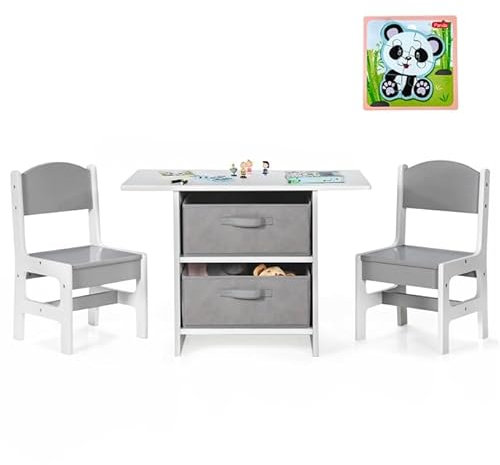 DREAMADE Kindertisch mit 2 Stühlen, Kindersitzgruppe mit Stauraum, 3tlg Aktivitäts-Tisch-Stuhl-Set mit 2 Stoffschubladen, Kindermöbel-Set aus Holz zum Essen & zeichnen & lesen (Grau)