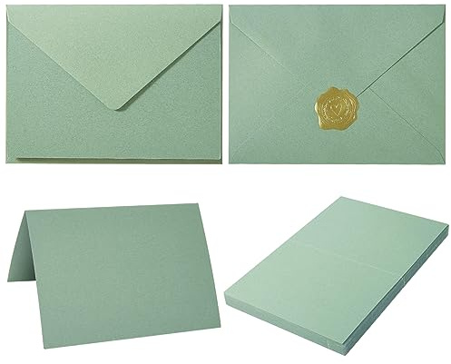 50 Pack Sage-Green A6 Envelopes with Cards 4x6 Thick Folded Cardstock and Gold Stickers for Greeting Cards, Wedding, Birthday, Invitations, Baby Showers (Sage-Green, 4x6)