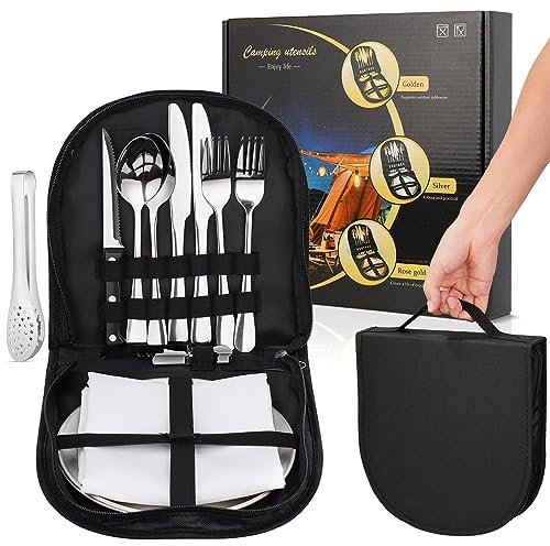 Camping Besteck Set,Portable Edelstahl Besteck Set,Travel Camping Geschirr Set,Outdoor Geschirr Set, mit schwarzer Tasche, spülmaschinenfest,für 2 Personen