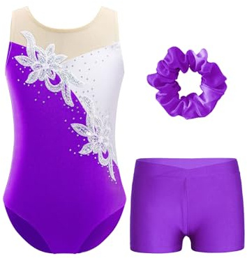 Kaerm Enfant Filles Justaucorps de Danse Paillette Body Bodysuit Sport Gym sans Manches Costume de danse Leotard Patinage Artistique avec Short Court 5-14 Ans Violet G 9-10 ans
