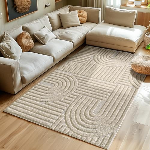Hochflor Teppich Wohnzimmer Küchenteppich Schlafzimmer Läufer Flur Skandi Boho Teppich 3D Design Flauschig Weich, Größe: 140 x 200 cm Farbe: Beige