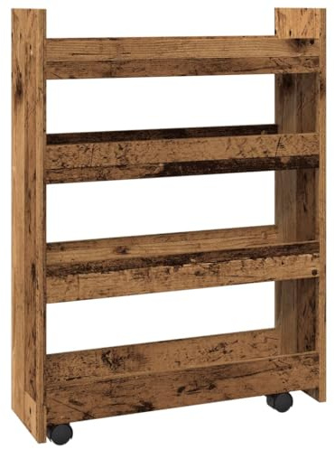 vidaXL Narrow Storage Trolley - 4 Tier Rolling Bookcase Shelf Cabinet, Old Wood Engineered Wood, Slim Multi-Purpose Organizer for Living Room, Kitchen, Bathroom - 60x20x82 cm