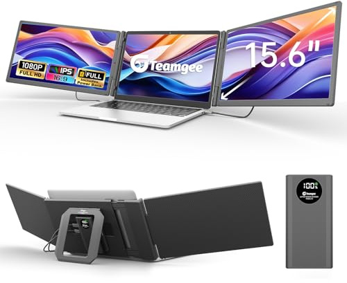 Teamgee 15.6 Laptop Bildschirm Erweiterung mit 10000mAh Power Bank, 1080P FHD IPS Tragbarer Monitor für Laptop, Triple Display Arbeit mit 13 -17 Laptops kompatibel mit Mac Windows Chrome