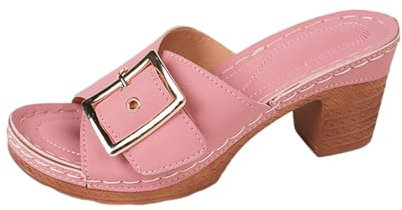 Women's Leather Slippers with Heel Summer Slippers Beach Sandals Elegant Block Heel Summer Shoes Mules Open Toe Slides Beach Sandals Slip On Platform Sandals Casual Women's Shoes, pink, 4 UK