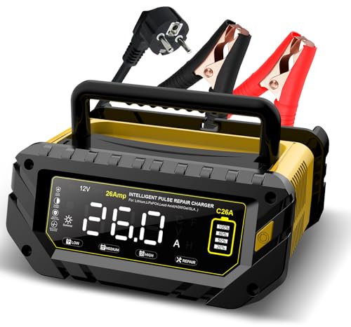Haistio, caricabatterie intelligente 26A, 6V/12V/24V, display LCD, manutenzione, carica di mantenimento e solfatazione per AGM, litio, LiFePO4, acido piombo (moto, camper)