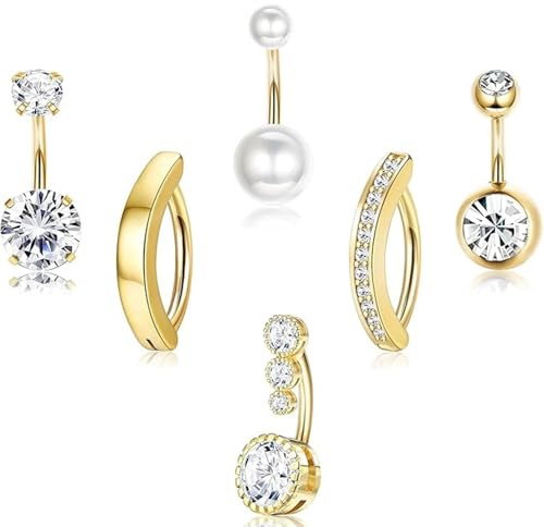 Pddenality 6 PCS Belly Button Bars Gold, Hypoallergenic Gold Belly Rings Reverse Curved Navel Bars Clicker, Piercing Jewelry for Women Girls for Beach and Festival