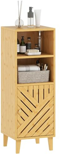 HOMCOM Armario de Baño Estrecho Mueble Auxiliar de Baño 32x30x90 cm con 2 Estantes Abiertos Puerta y Patas de Bambú Estilo Moderno para Espacios Pequeños Natural