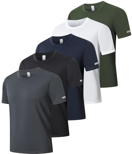 LUWELL PRO 1/5 Pack Mens Sports T Shirts Gym Clothes Athletic Shirt S-3XL | Design Reflective Stripes,Quick Dry & Breathable,Moisture Wicking Short Sleeve Tshirts,for casual,Running,Fitness,Training