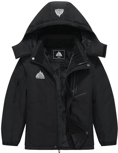 SOBAPRA Kids Waterproof Ski Jacket Warm Boys Girls Fleece Hooded Snowboard Jacket, black, 13-14